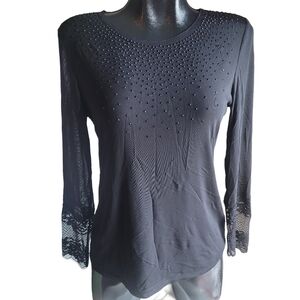 Black Sheer Long Sleeve with Lace and Bead Detailing M